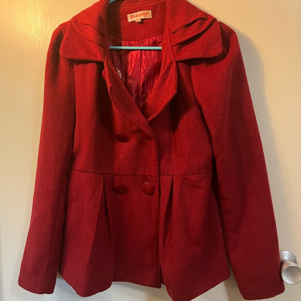 Red pleated fit and flair jacket